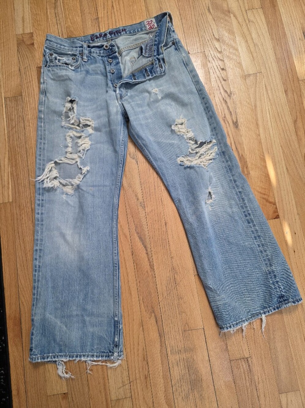 Vtg Ezra Fitch Jeans Factory Distressing Shredding Denim Boot 32x30 Cotton